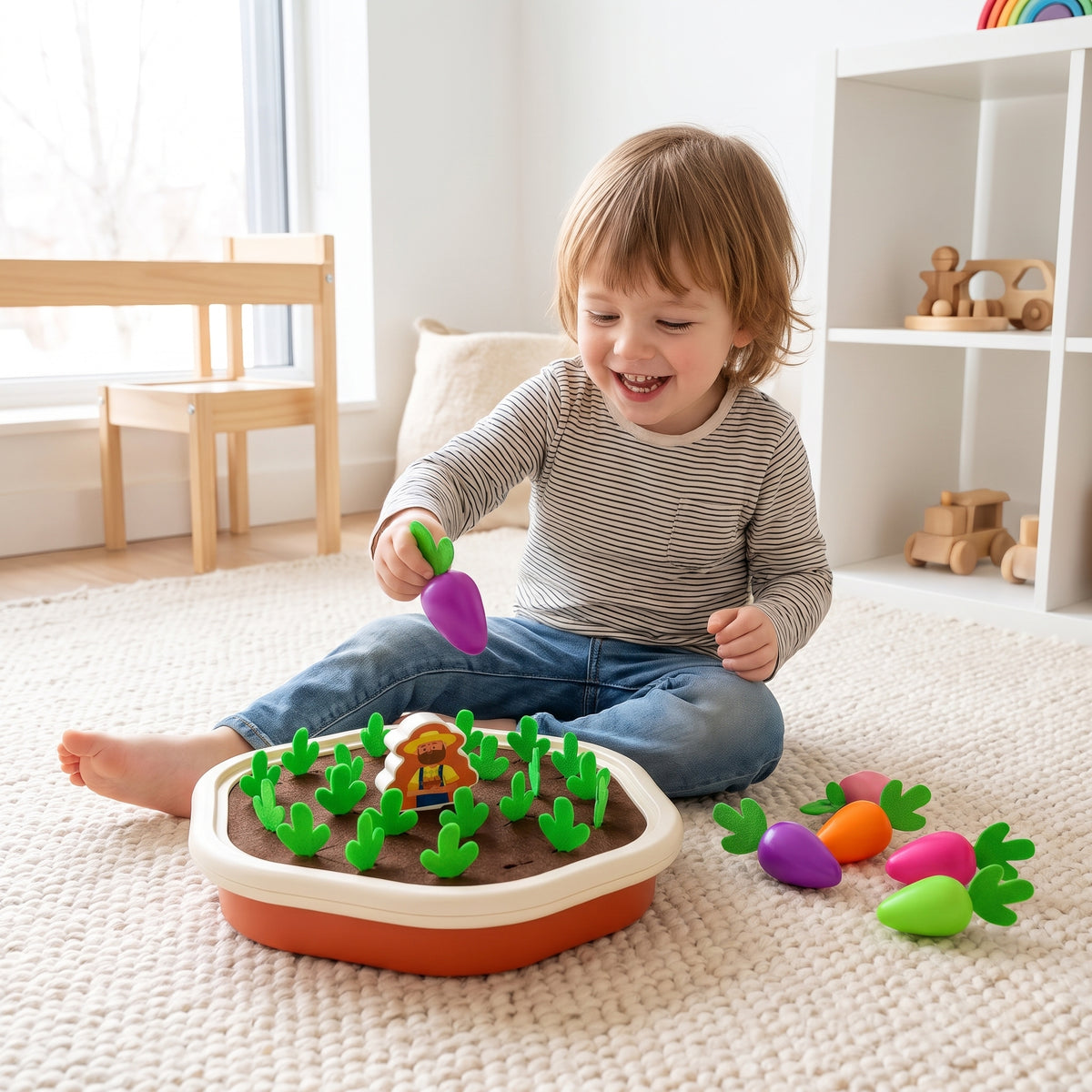Child pulling a purple radish from the felt garden sorting toy on a playroom rug