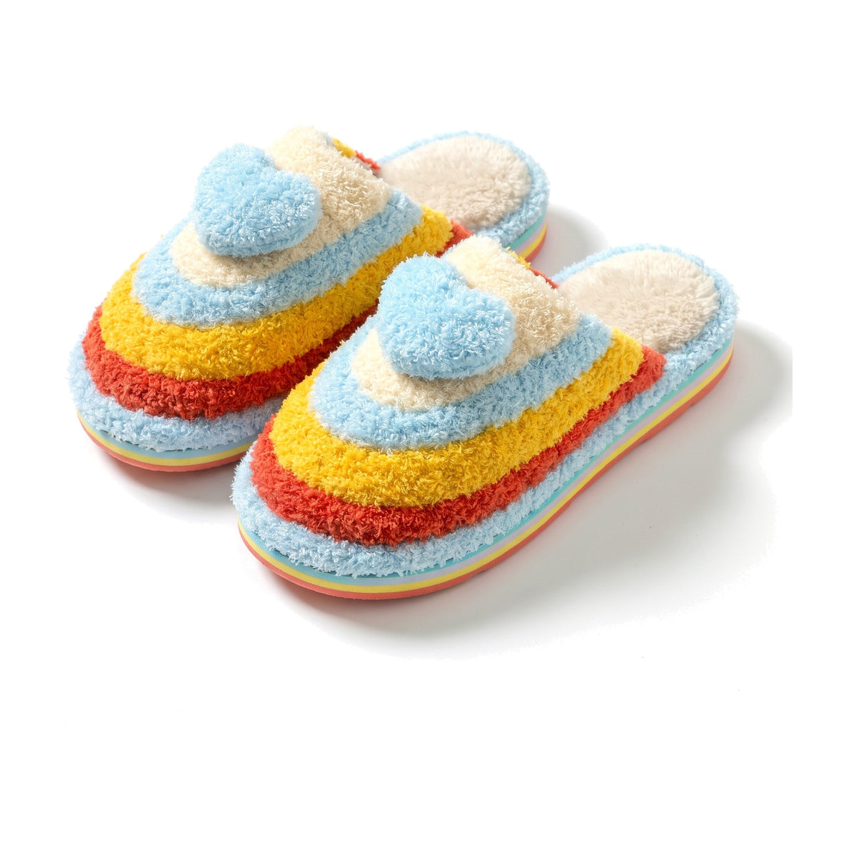 Rainbow striped teddy slippers with fluffy sky blue heart and blue trim