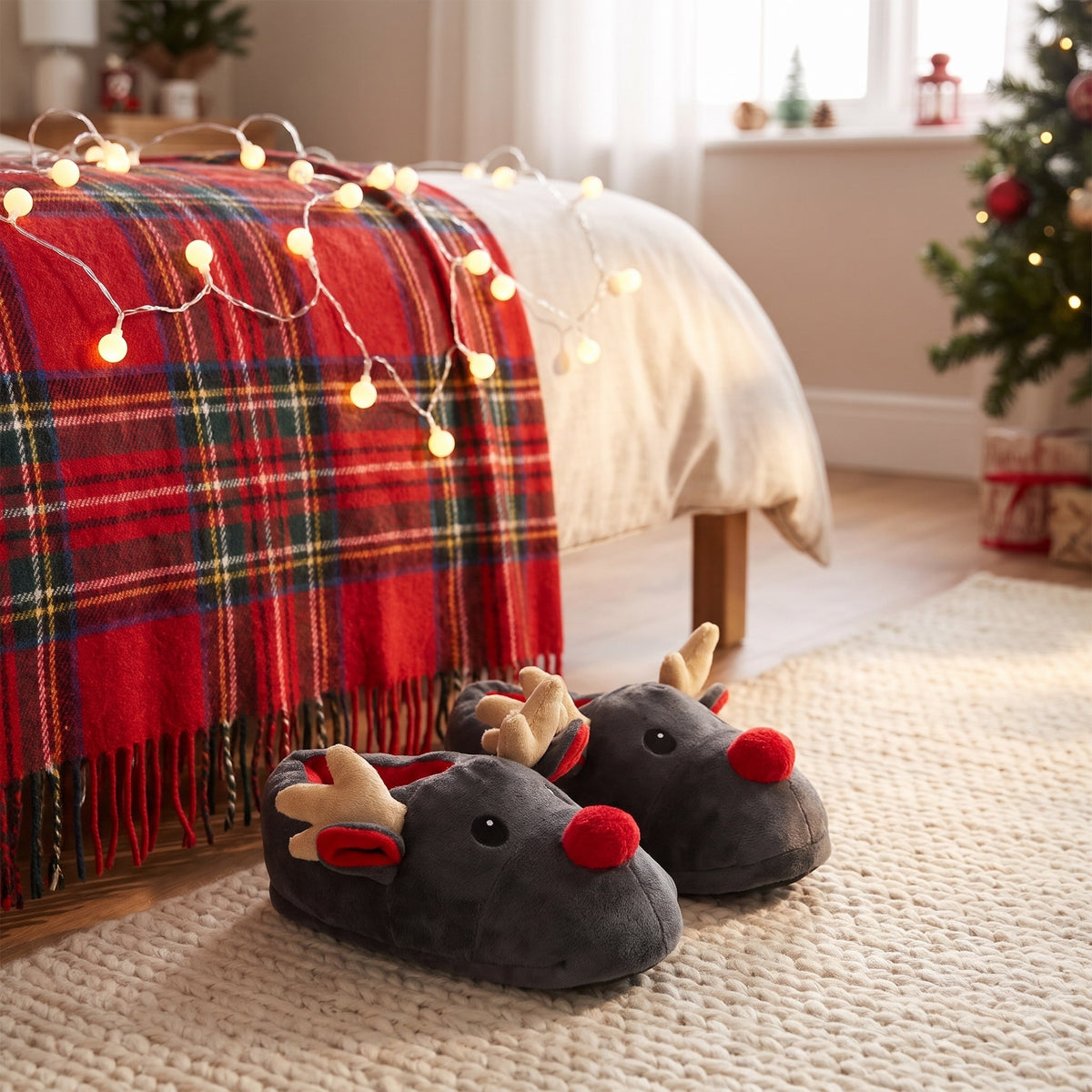 Grey reindeer slippers on a bedroom rug with a tartan throw