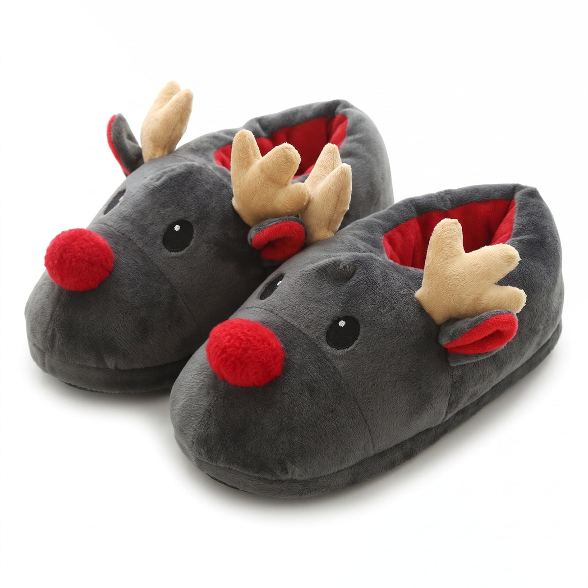 Grey plush reindeer slippers with red nose and soft antlers