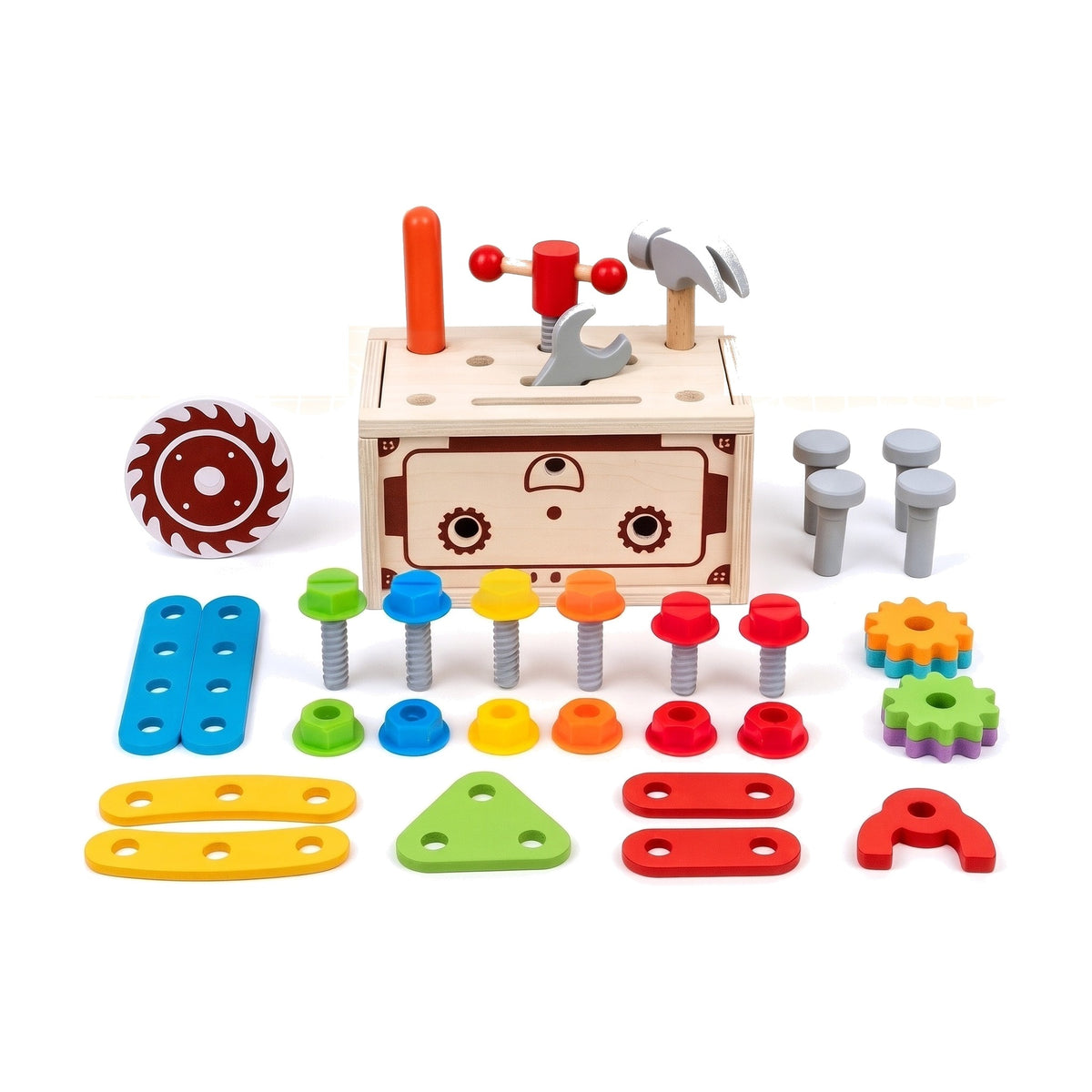 Wooden robot toolbox with all its screws, nuts, gears, strips and tools laid out