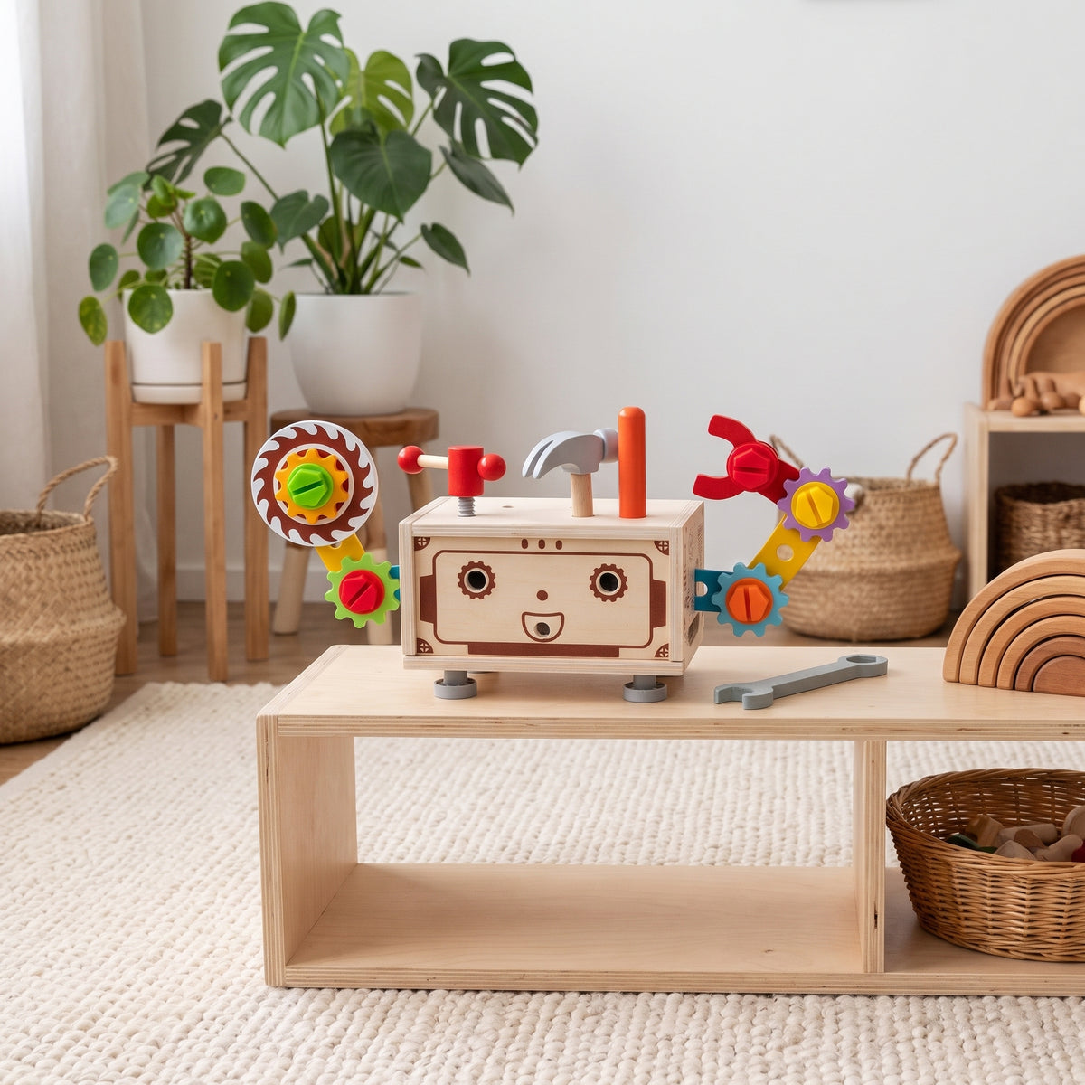 Wooden robot toolbox toy on a Montessori playroom shelf
