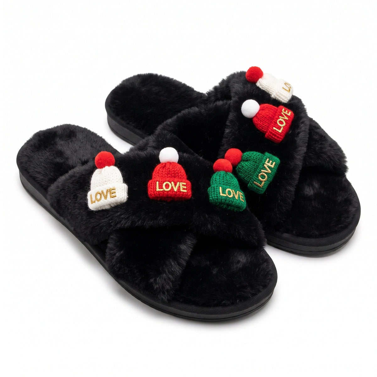 Black fluffy cross strap slides with knitted Christmas hat charms
