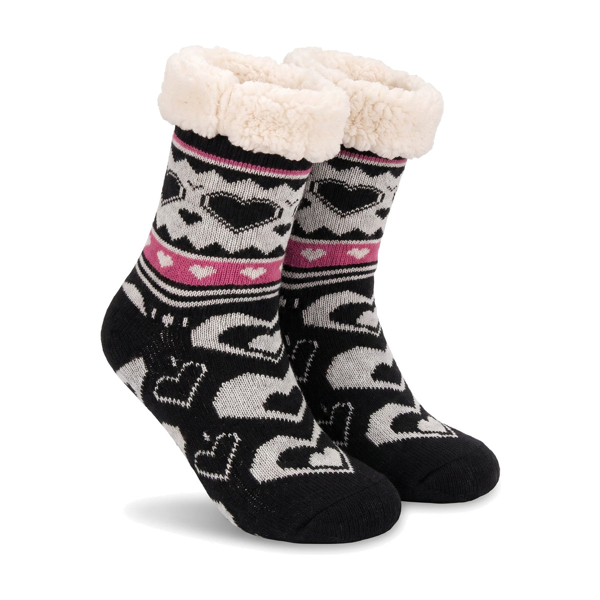 Black heart print knitted fluffy socks with sherpa lined cuff