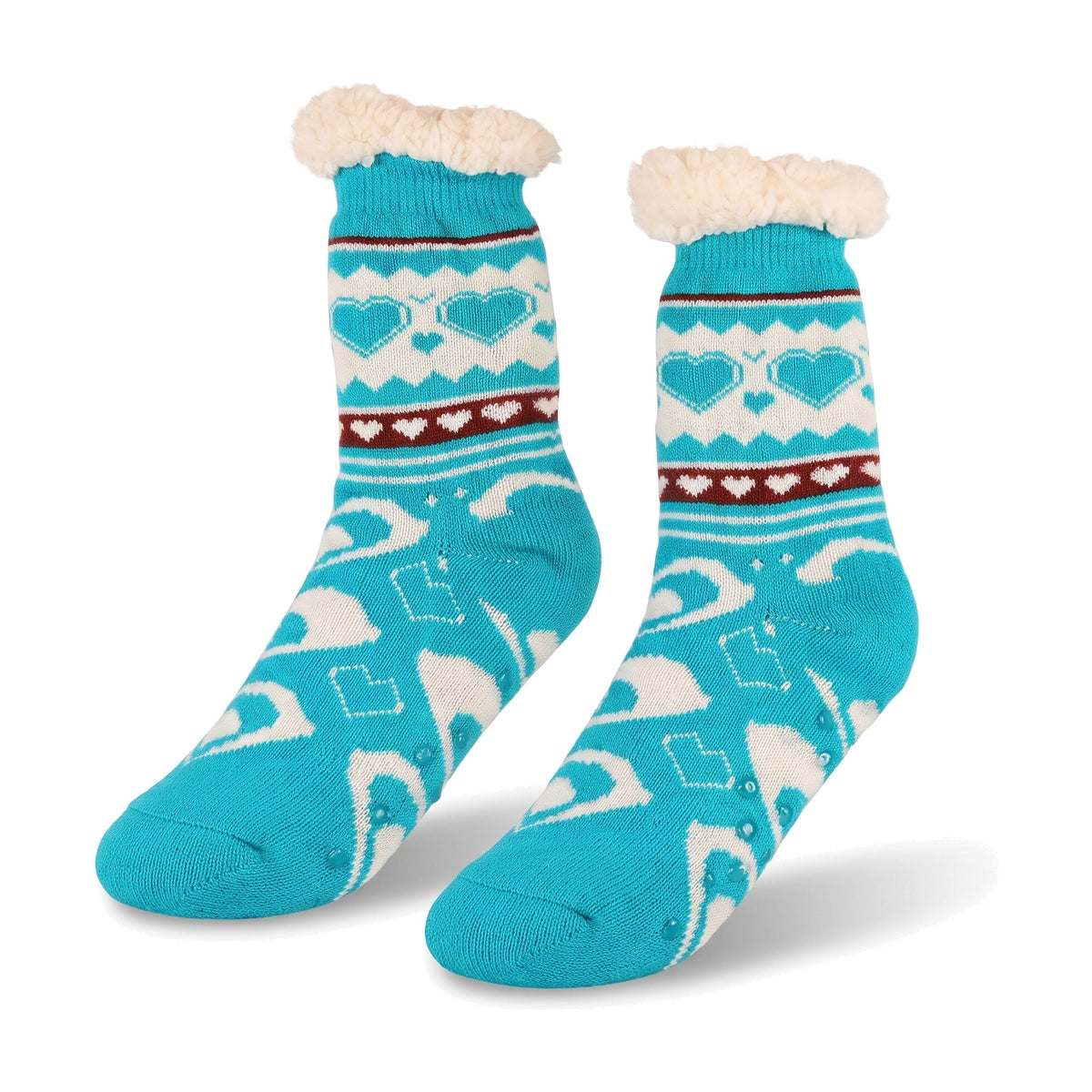 Teal heart print knitted fluffy socks with sherpa lined cuff