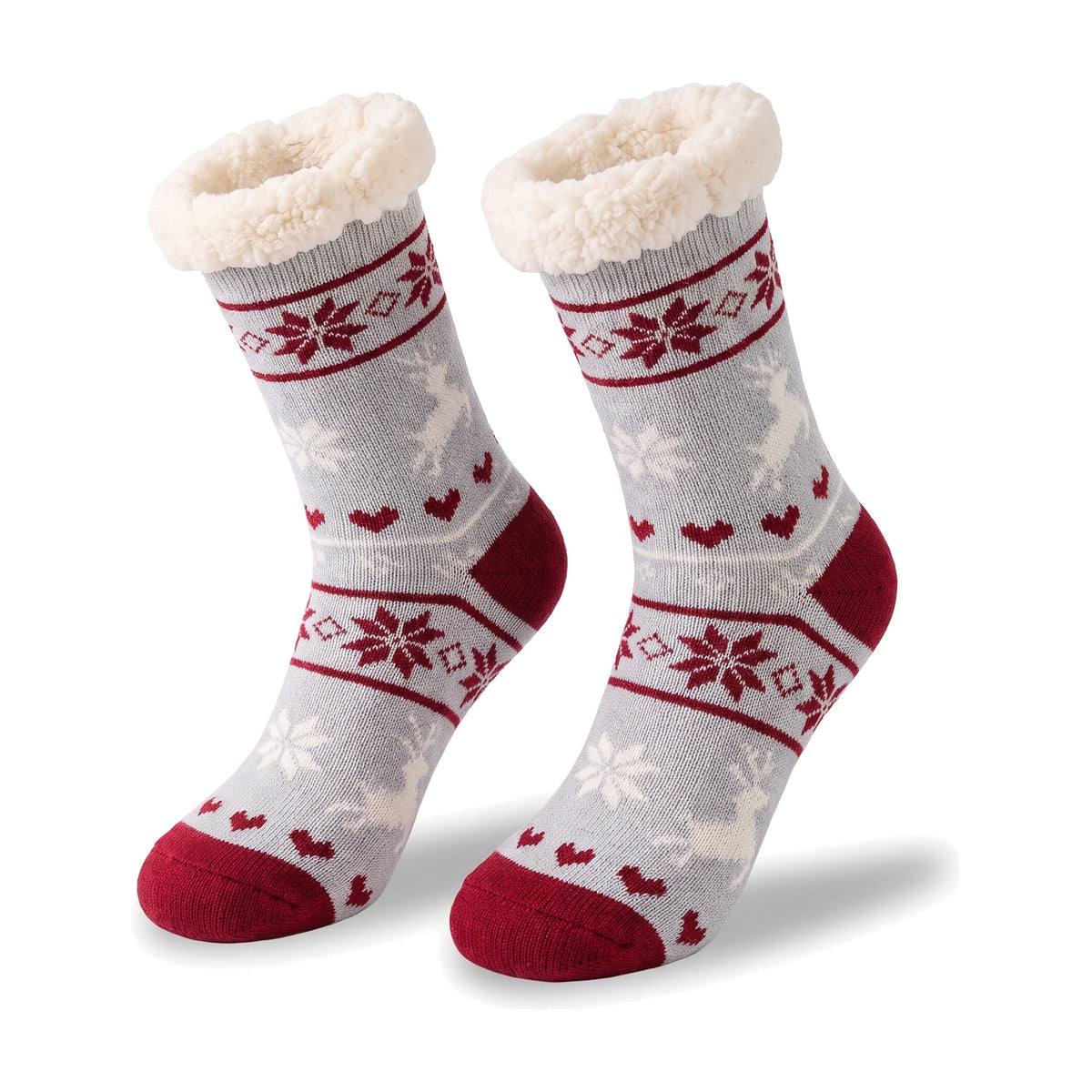 White knitted fluffy socks with snowflake and reindeer pattern and sherpa lined cuff