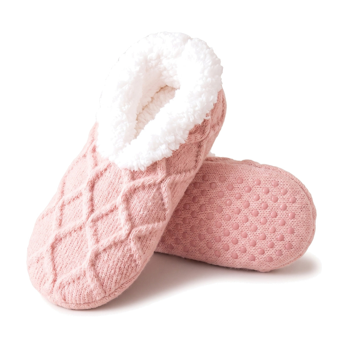 Pink cable knit slipper socks with sherpa lining and non slip grippers