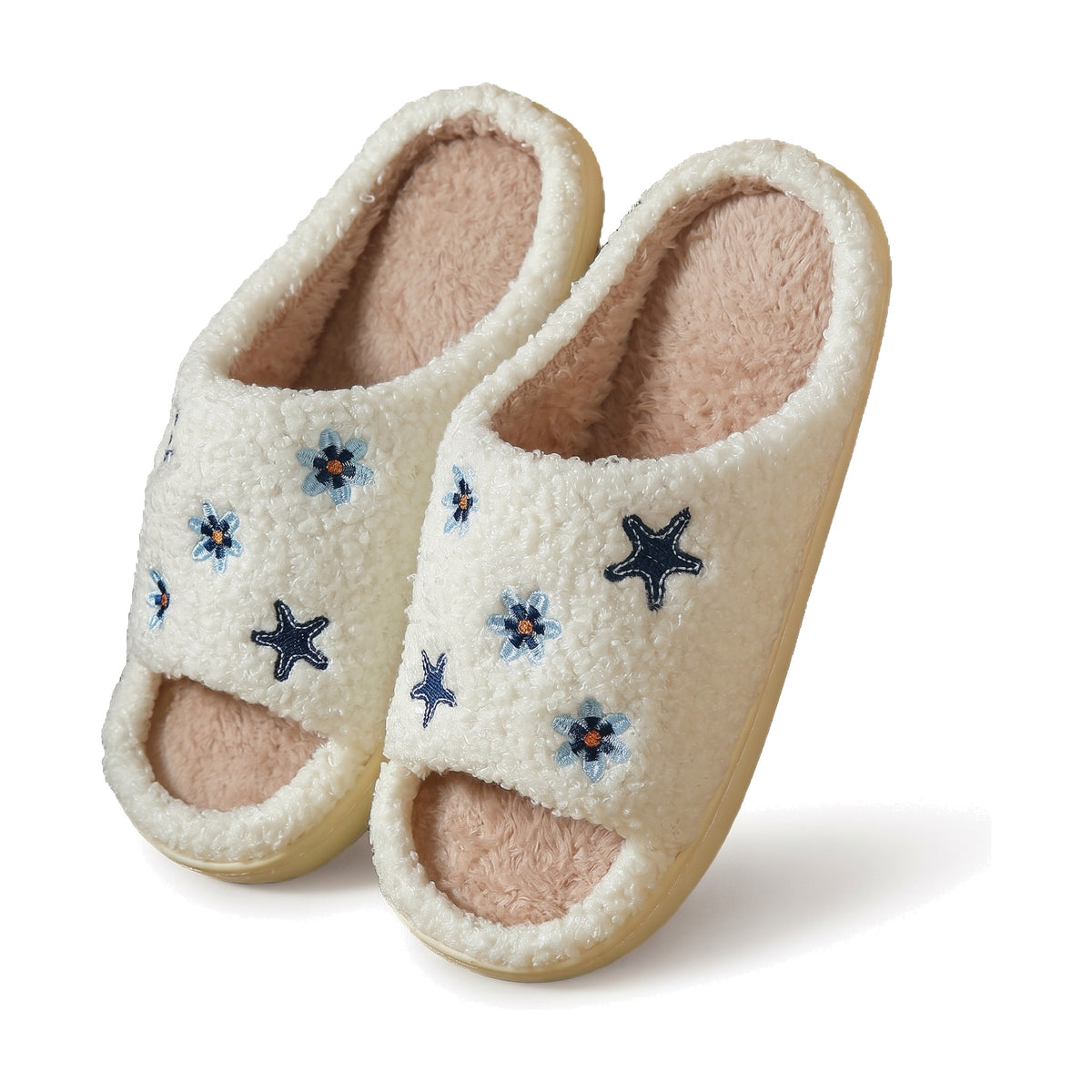 Cream teddy open toe slippers with navy embroidered stars and blue flowers