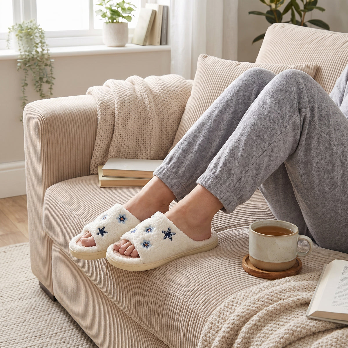 Woman relaxing on a sofa wearing cream star embroidered slider slippers