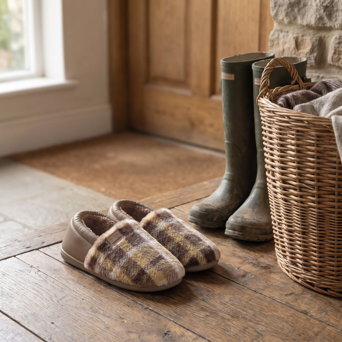 Two pairs of tartan check slippers by a front door with wellies