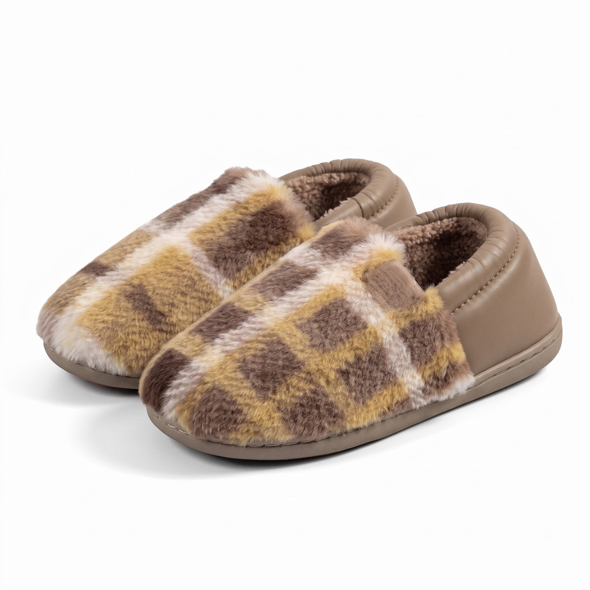 Mustard tartan check bootie slippers with faux leather trim