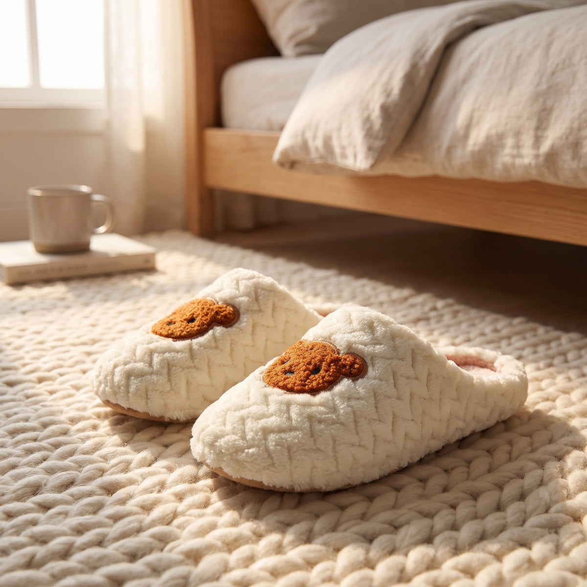 Cream teddy bear slippers on a chunky knit rug beside the bed