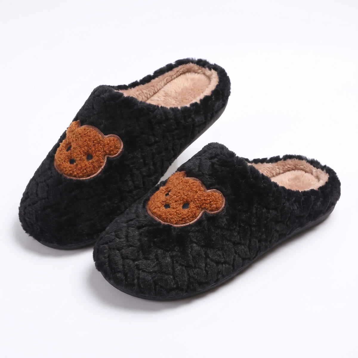 Black knitted fleece slippers with embroidered teddy bear face