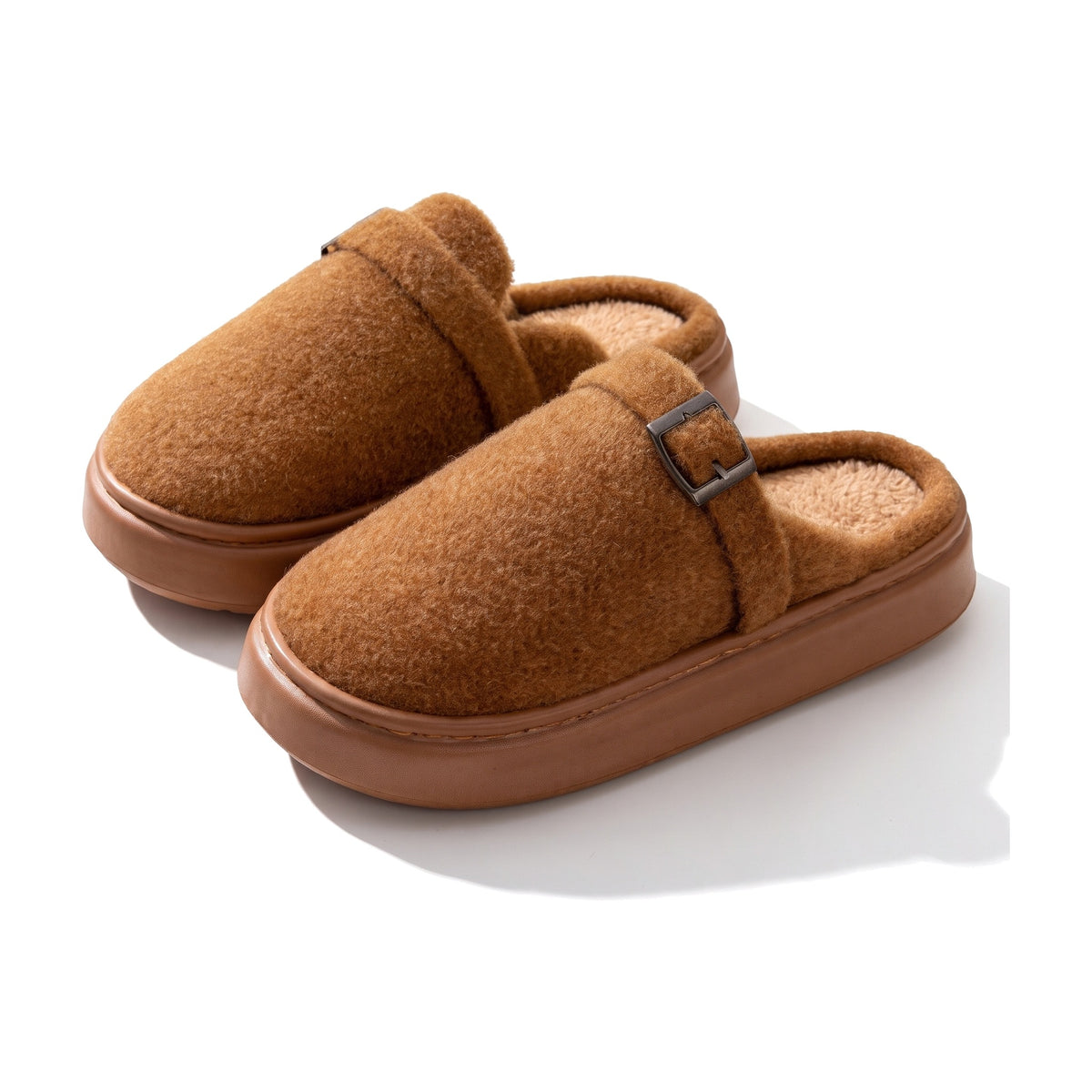 Chestnut brown teddy fleece clog slippers with buckle strap and chunky sole