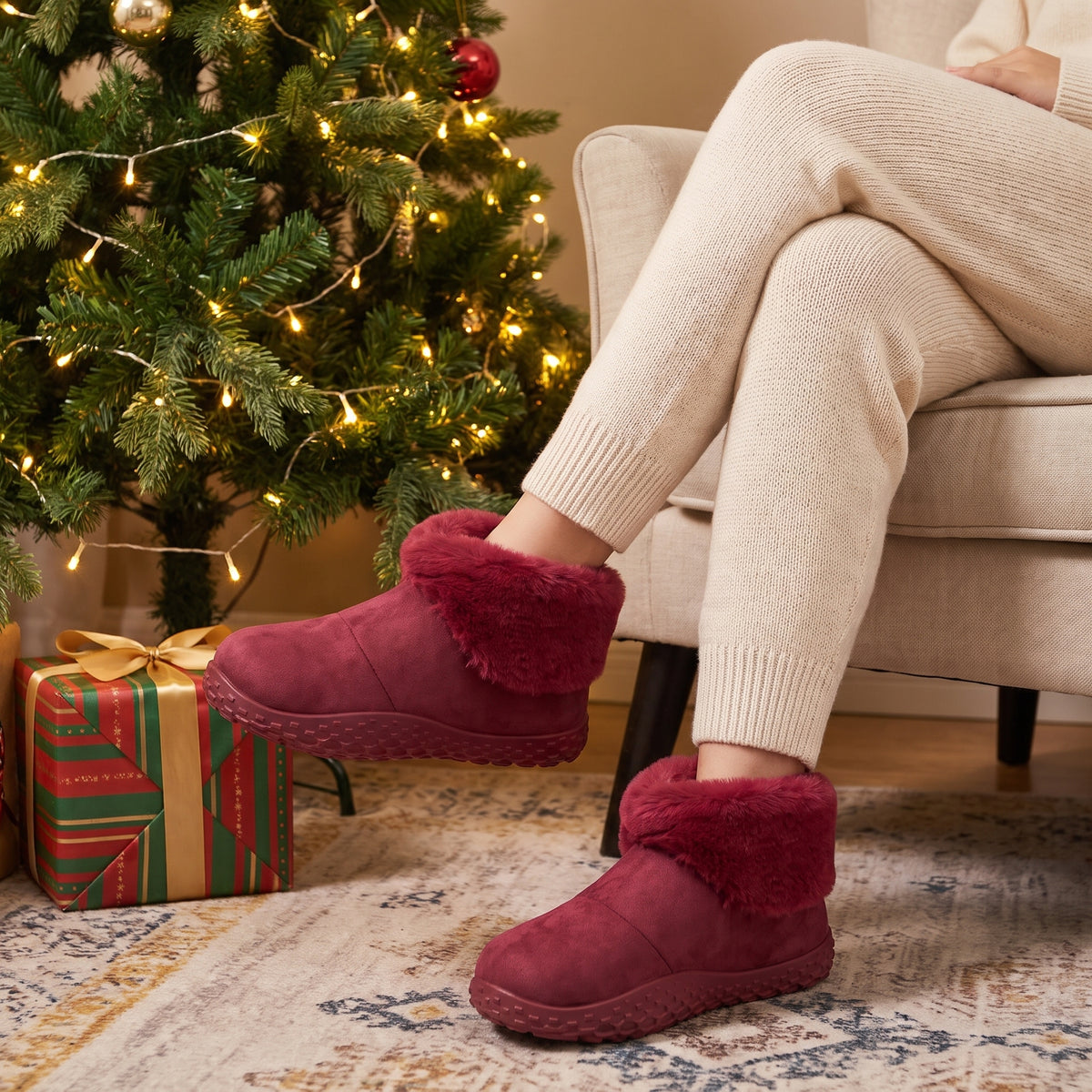 Woman by a Christmas tree wearing red faux fur slipper boots
