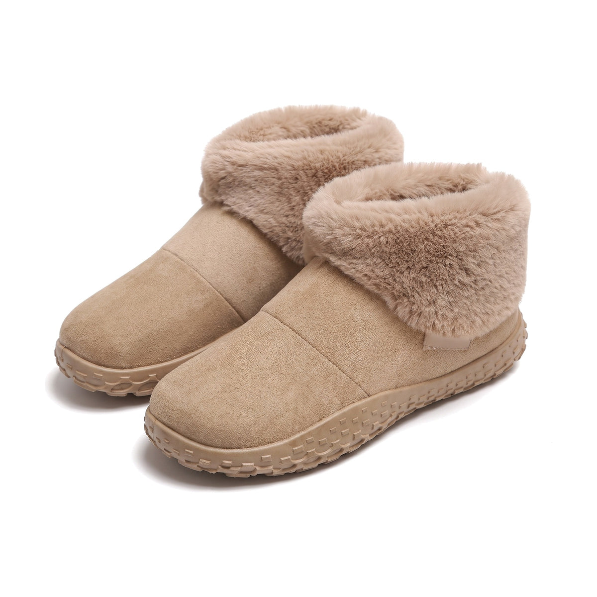 Khaki faux suede slipper boots with fluffy faux fur cuff