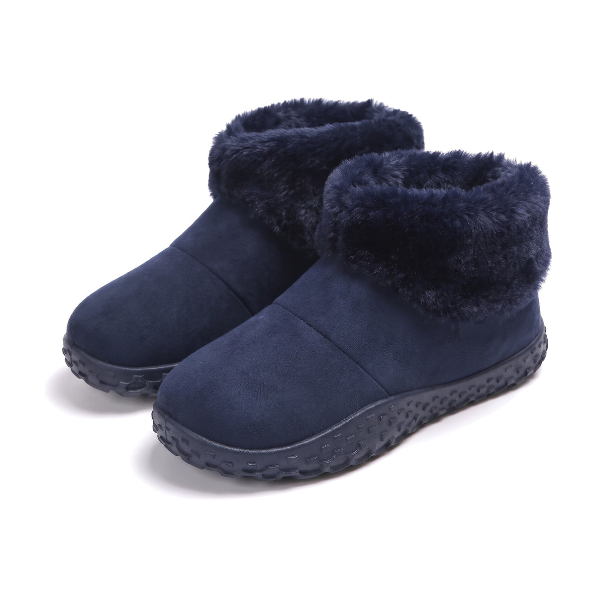 Navy faux suede slipper boots with fluffy fold down faux fur cuff