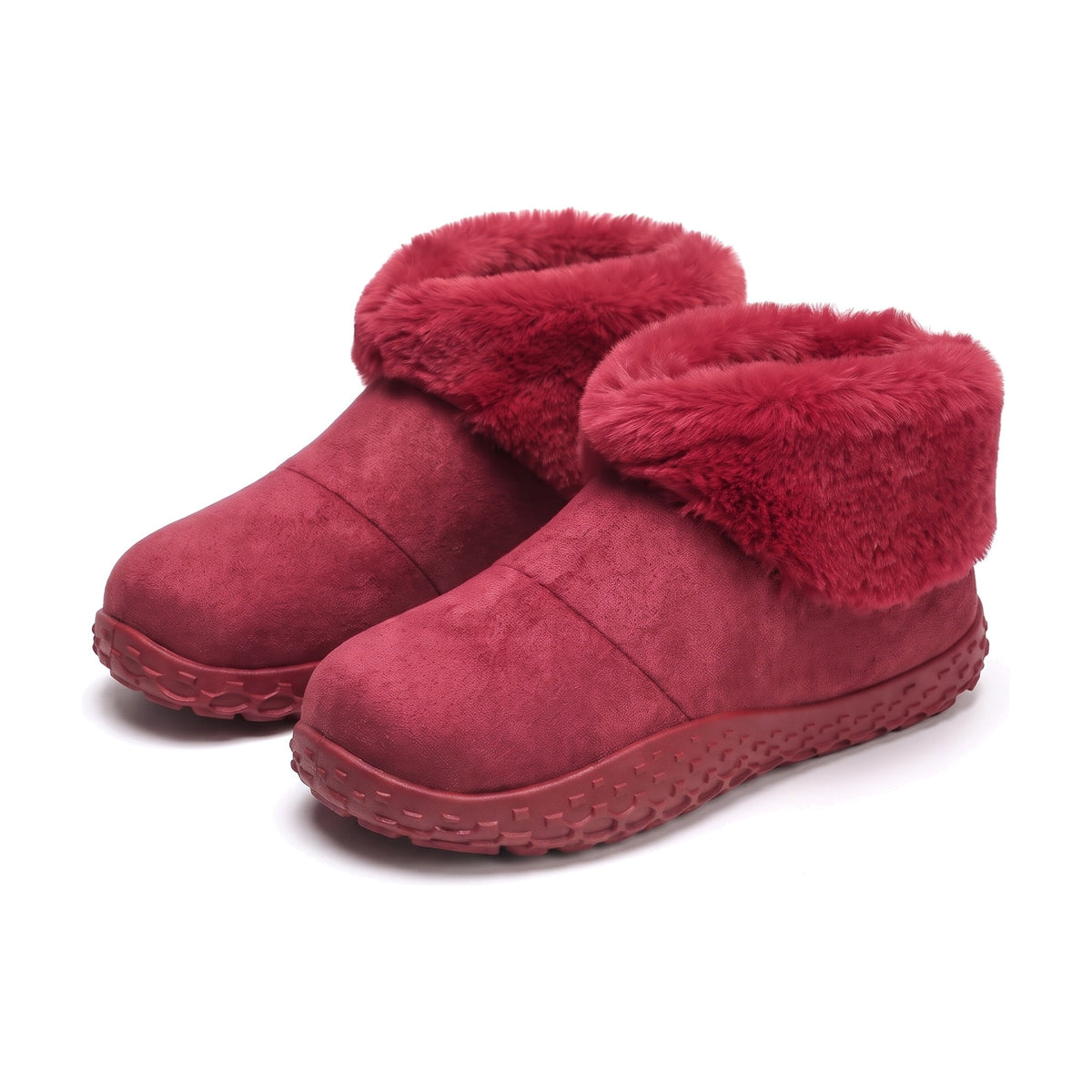 Red ankle slipper boots with fold down faux fur cuff