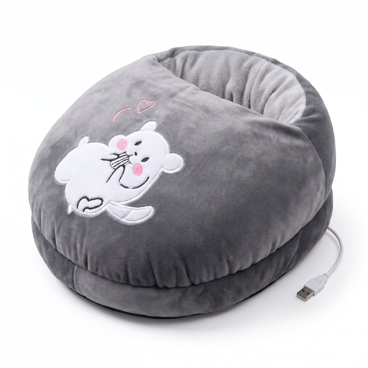 Grey plush USB heated foot warmer with embroidered mouse