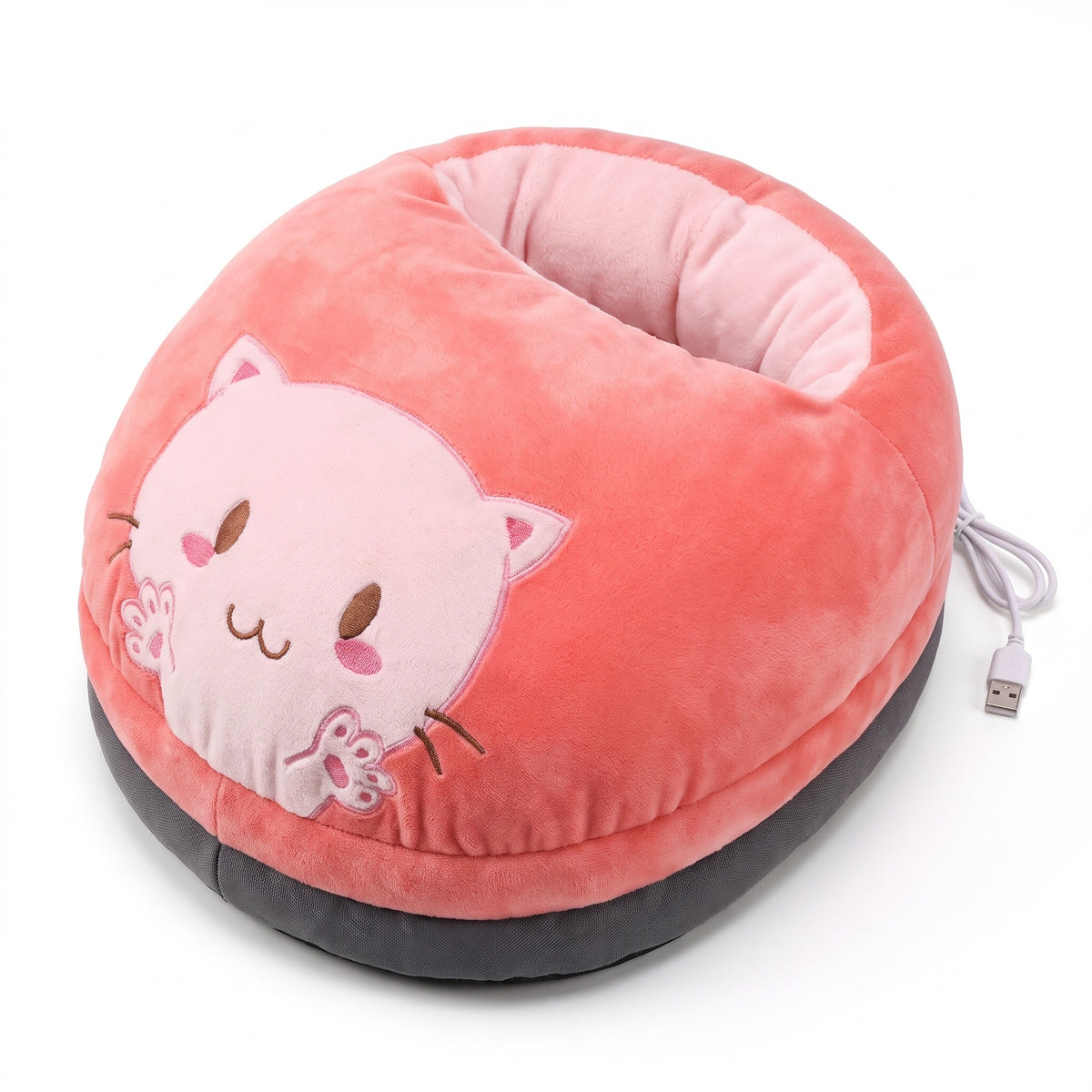 Coral pink plush heated foot warmer with embroidered kitten face