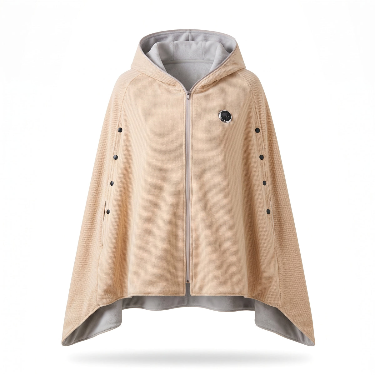 Beige USB heated hooded cape with grey zip and snap button sides