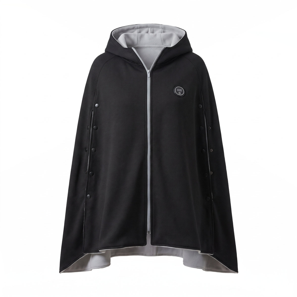 Black USB heated hooded shawl with light grey zip and lining
