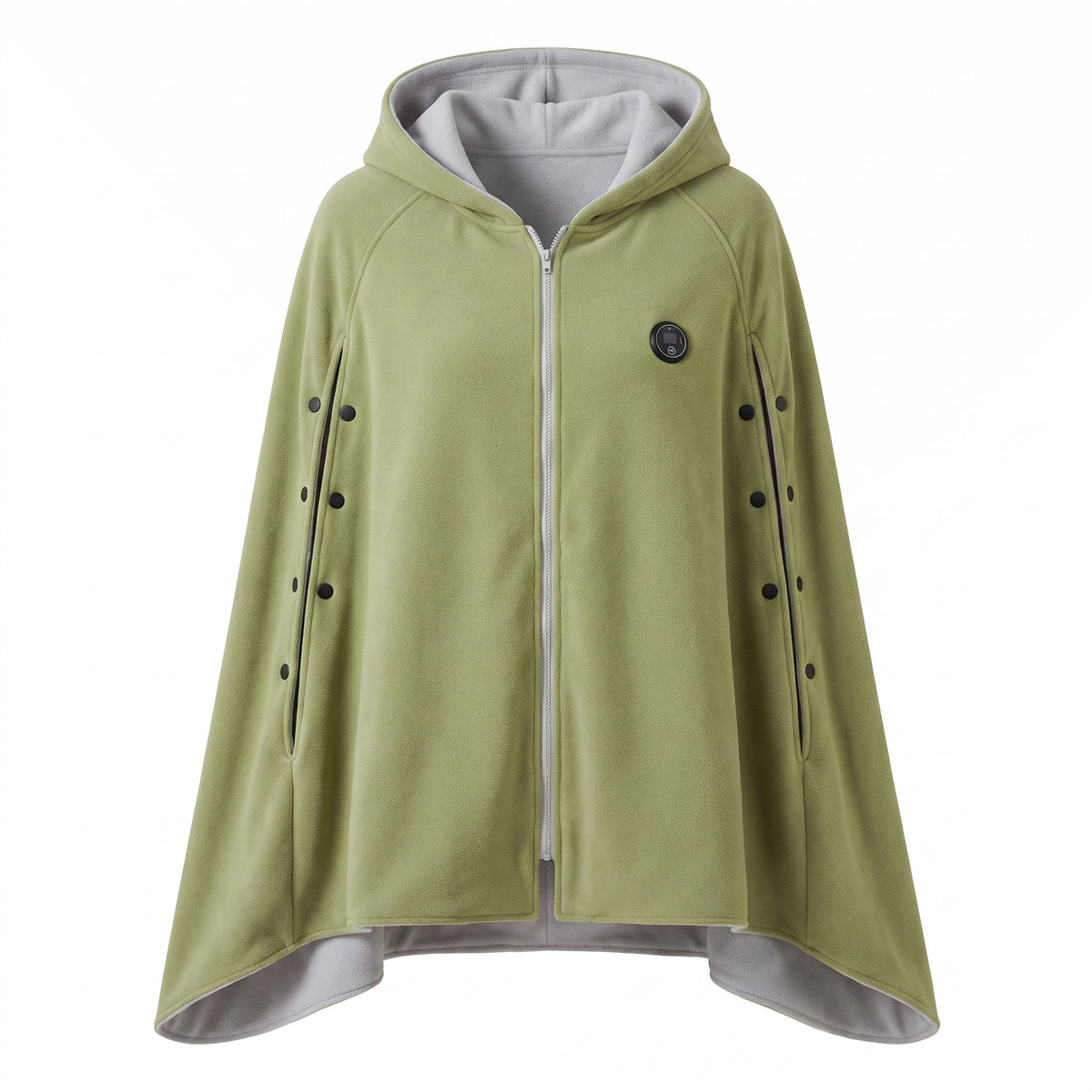Olive green heated hooded shawl with front zip and grey fleece lining