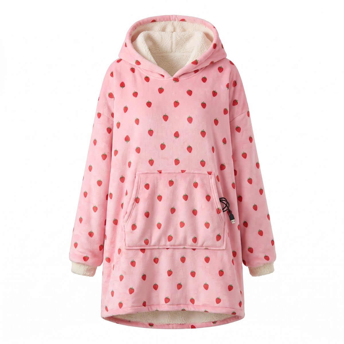 Pink strawberry print USB heated hoodie blanket with sherpa lined hood