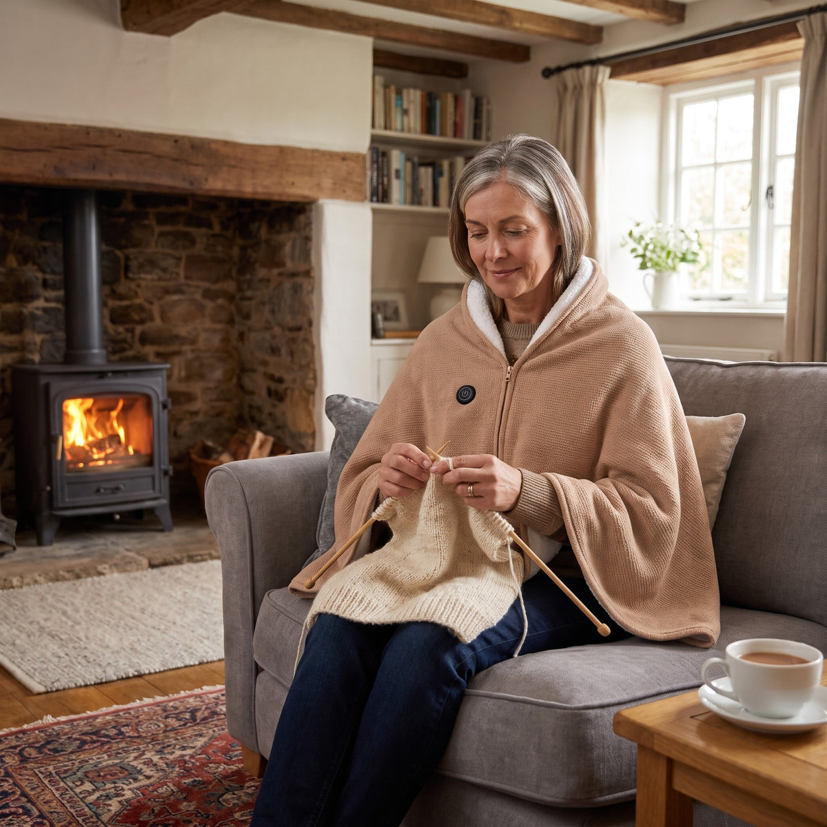 Woman knitting by a wood burner wearing a beige heated wrap shawl