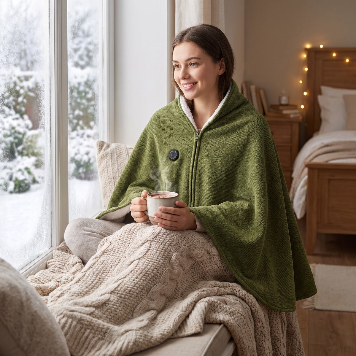 Woman with a hot drink by a snowy window in an olive green heated wrap