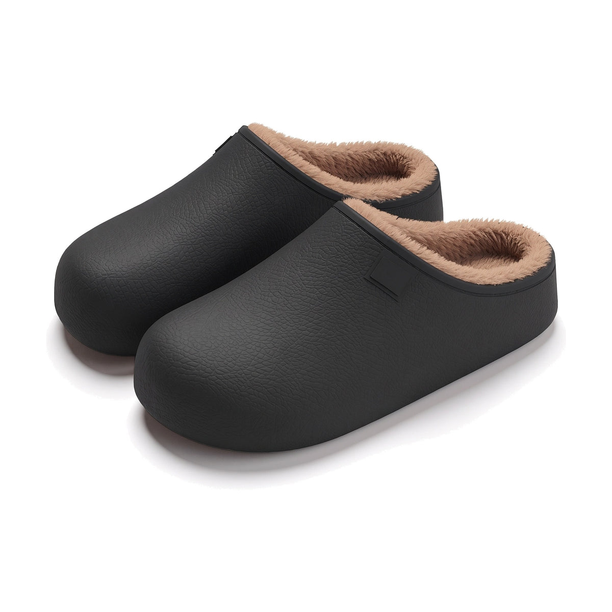 Black waterproof clog slippers with warm brown plush lining