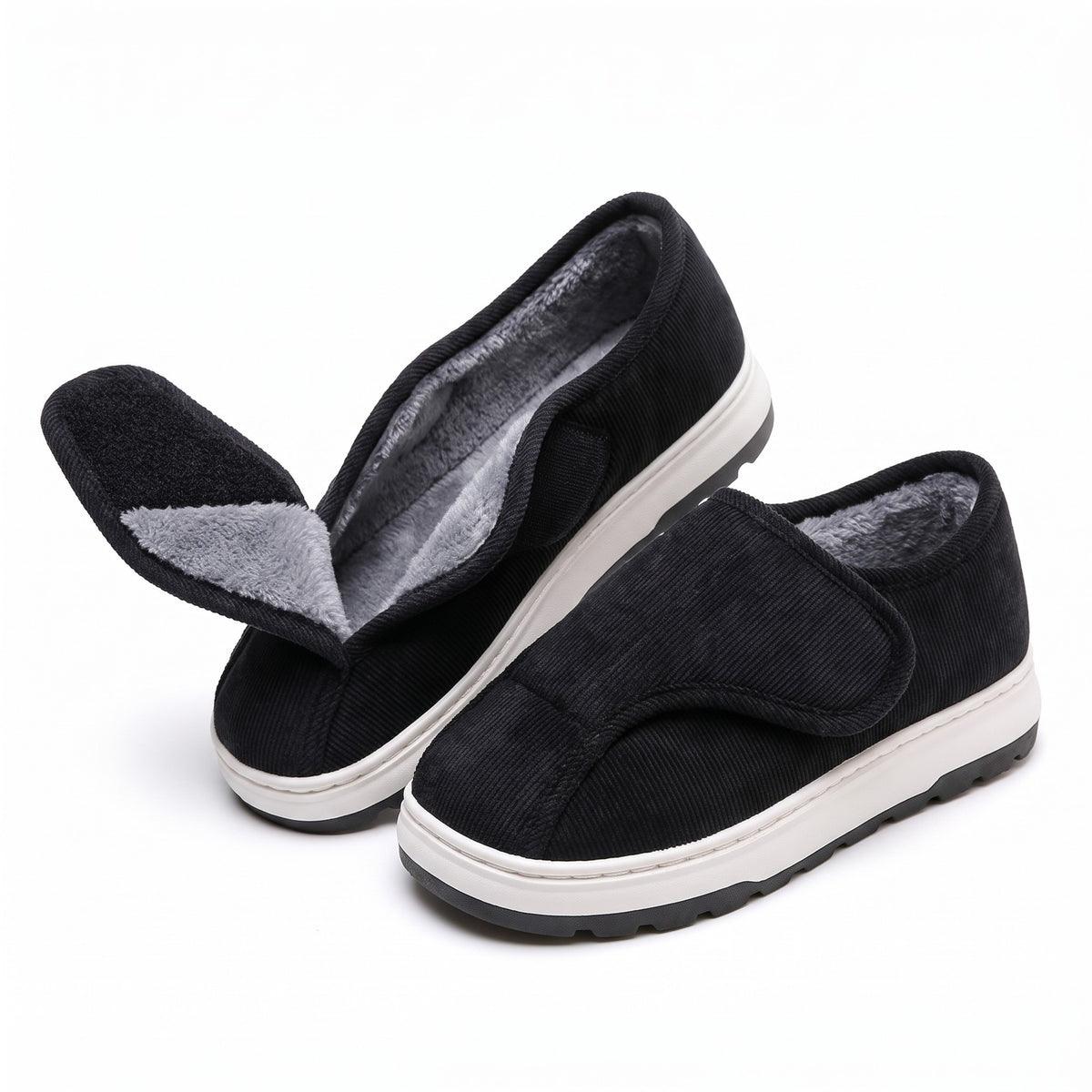 Black wide fit adjustable slippers with hook and loop strap and fleece lining