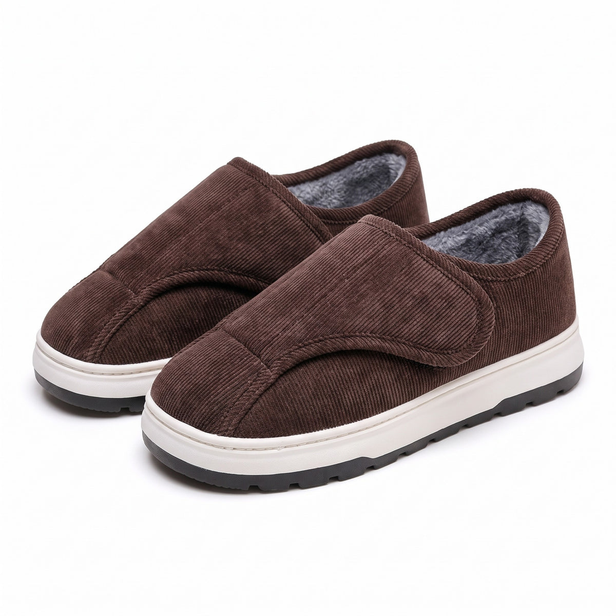 Brown wide fit adjustable slippers with hook and loop strap and fleece lining