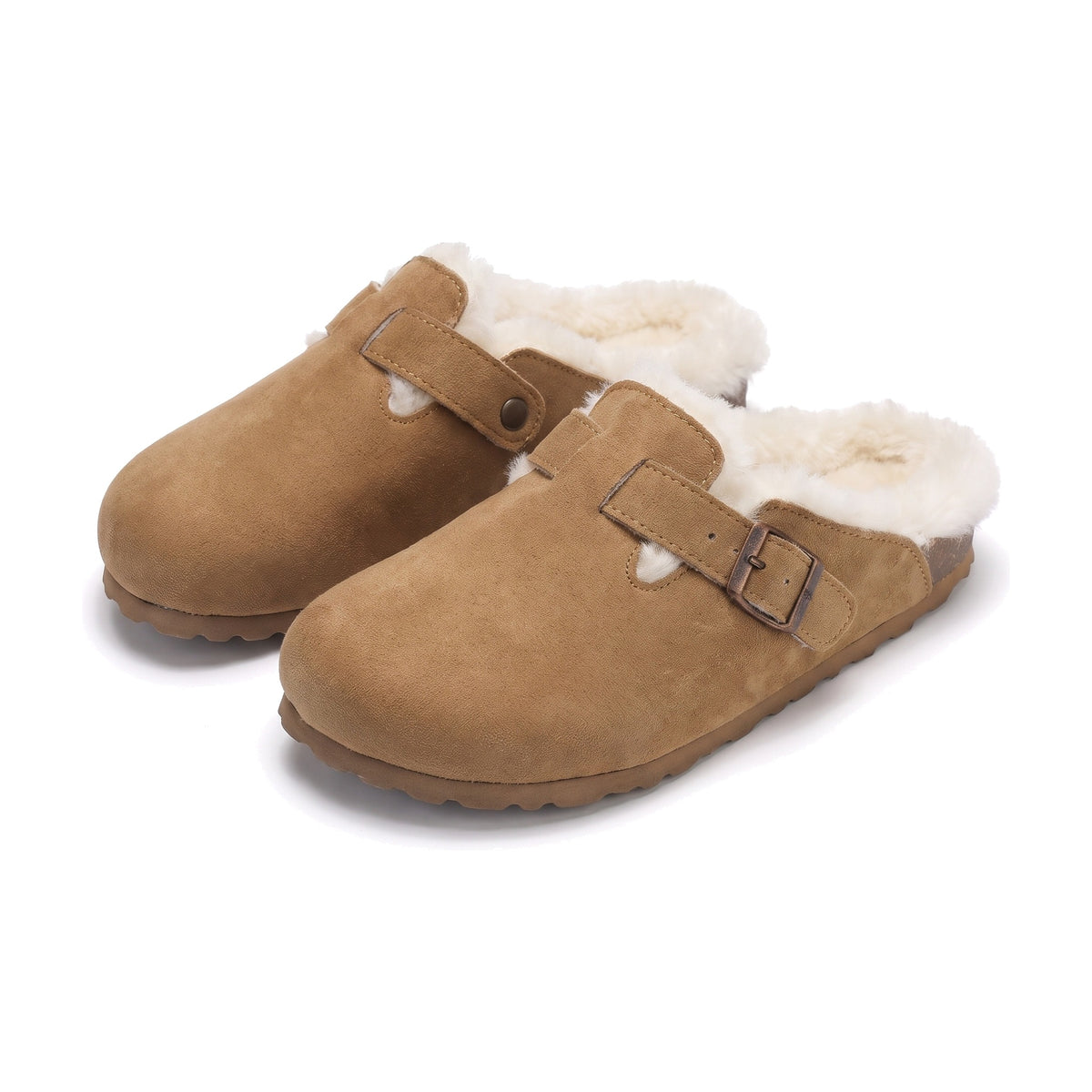 Camel faux suede backless clog slippers with fluffy faux fur lining