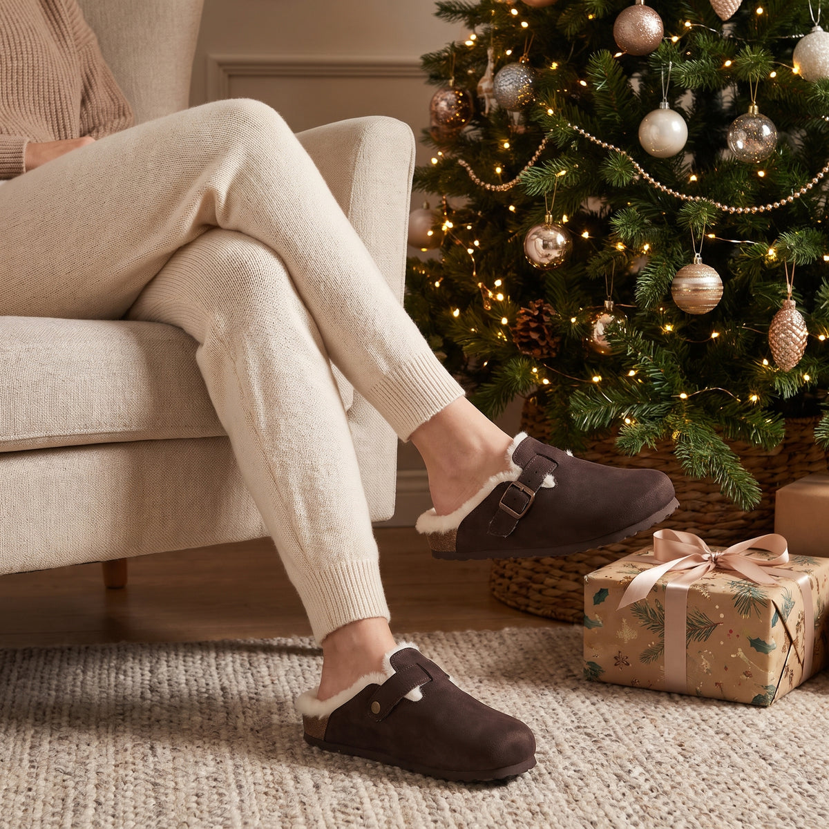 Woman by a Christmas tree wearing brown fur lined clog slippers