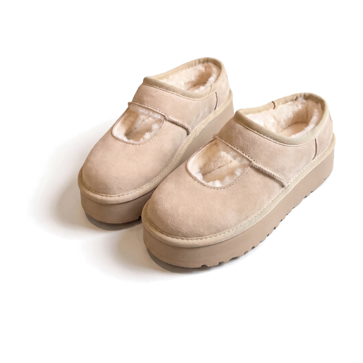 Beige faux suede Mary Jane slippers with fluffy lining