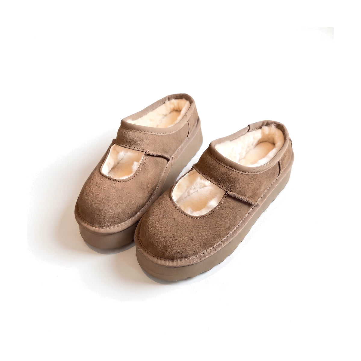 Taupe Mary Jane platform slippers with cream faux fur lining