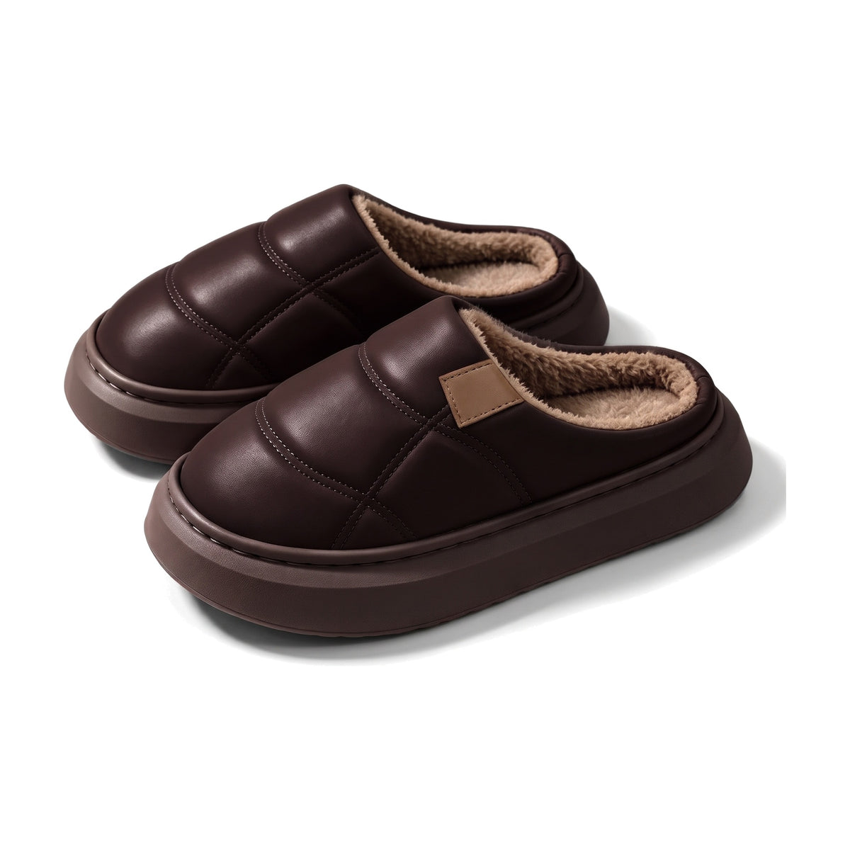 Chocolate brown quilted faux leather slippers with fleece lining
