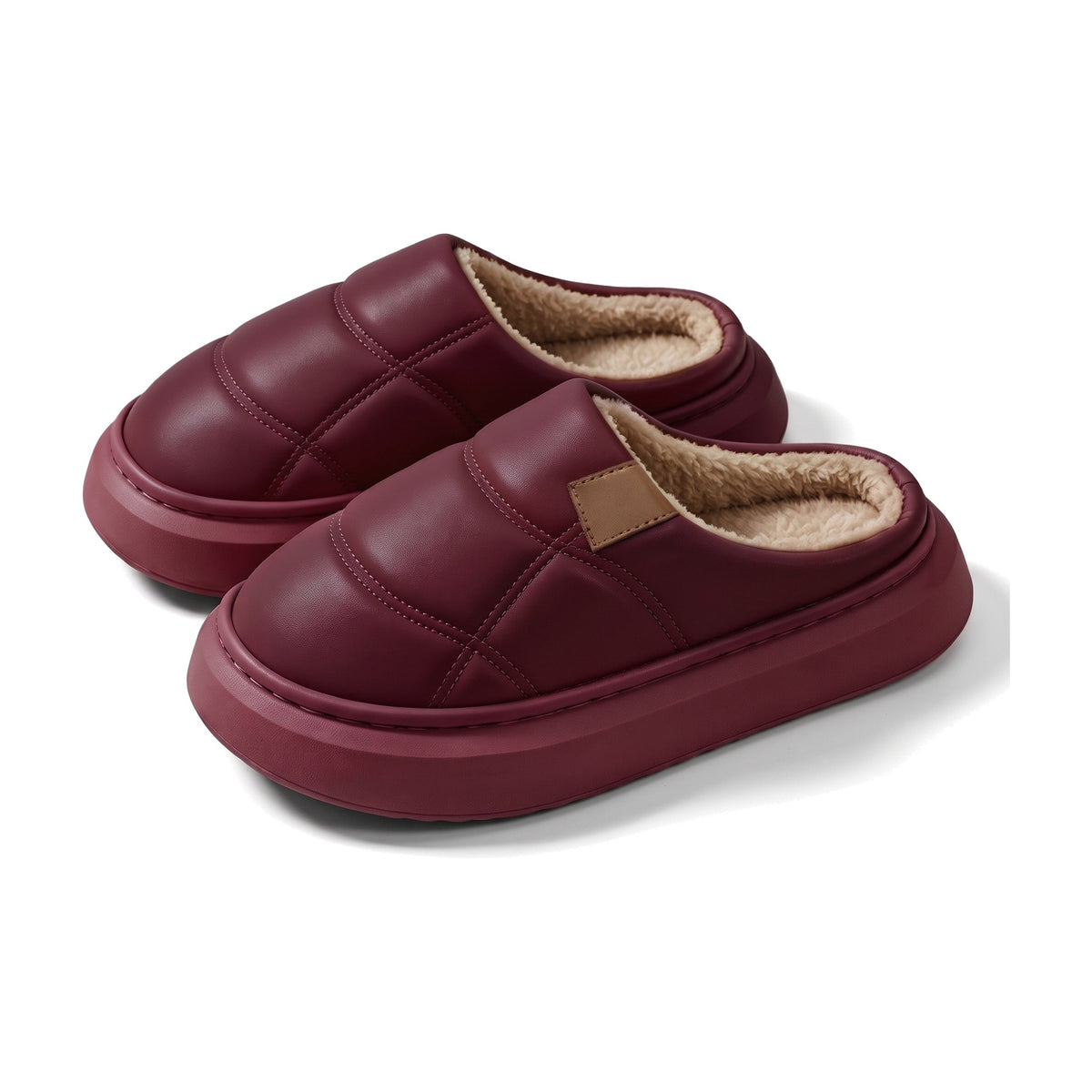 Burgundy quilted faux leather clog slippers with fleece lining