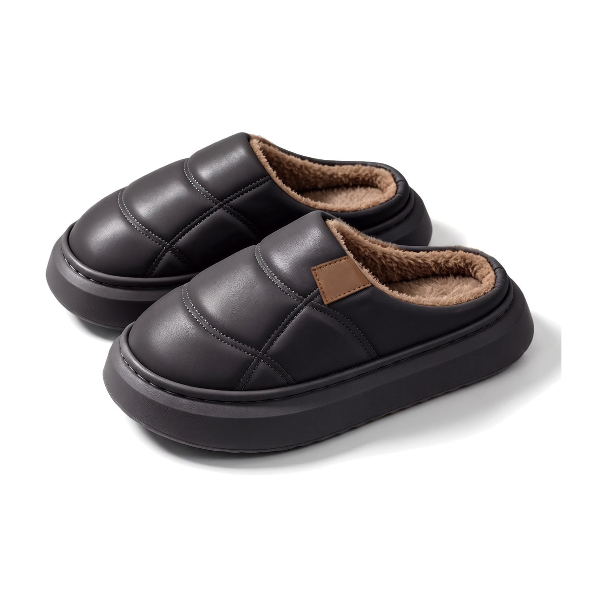 Charcoal quilted padded clog slippers with warm fleece lining