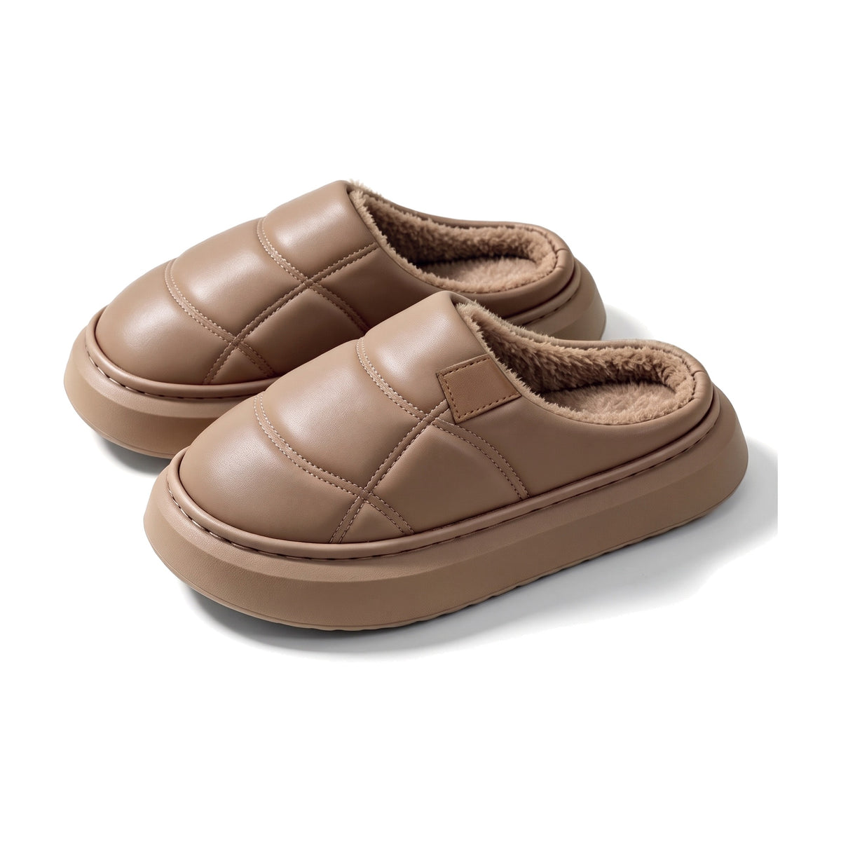 Khaki quilted faux leather clog slippers with fleece lining and chunky sole