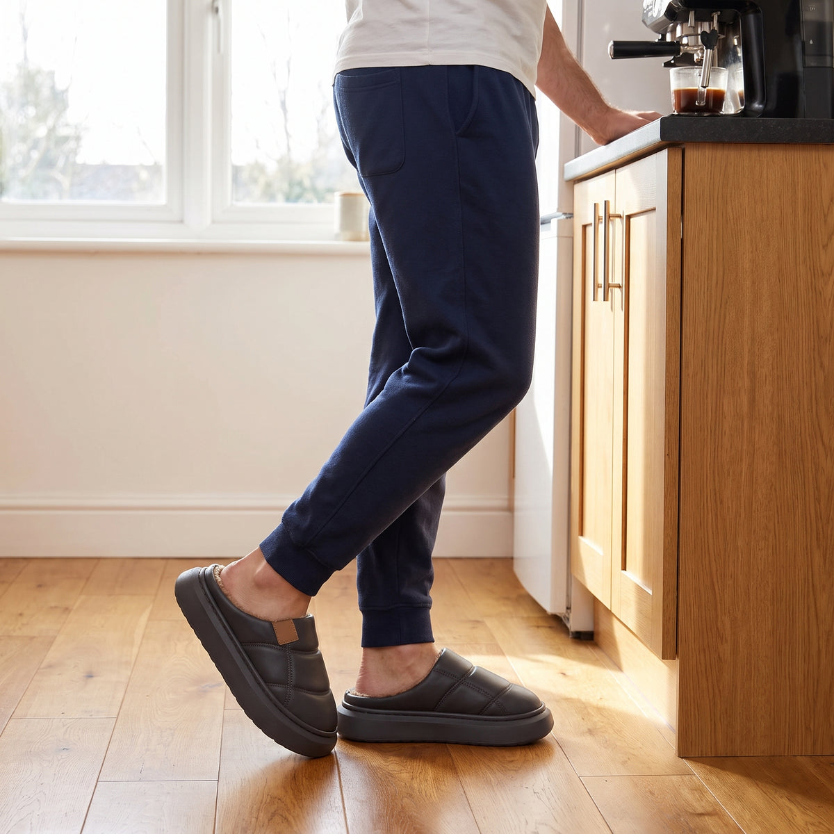 Man making coffee in the kitchen wearing charcoal quilted slippers