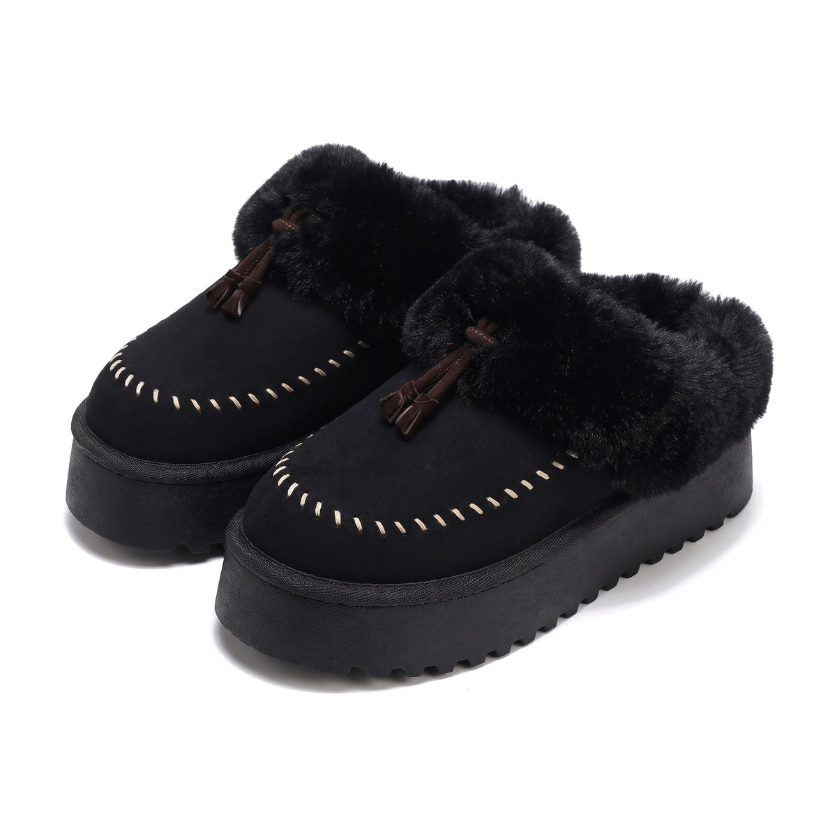 Black platform clog slippers with fluffy faux fur collar and cream stitching