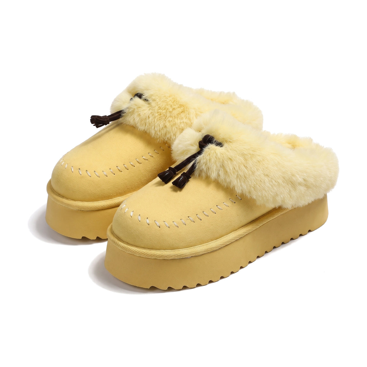 Yellow platform clog slippers with fluffy faux fur collar and tassel tie