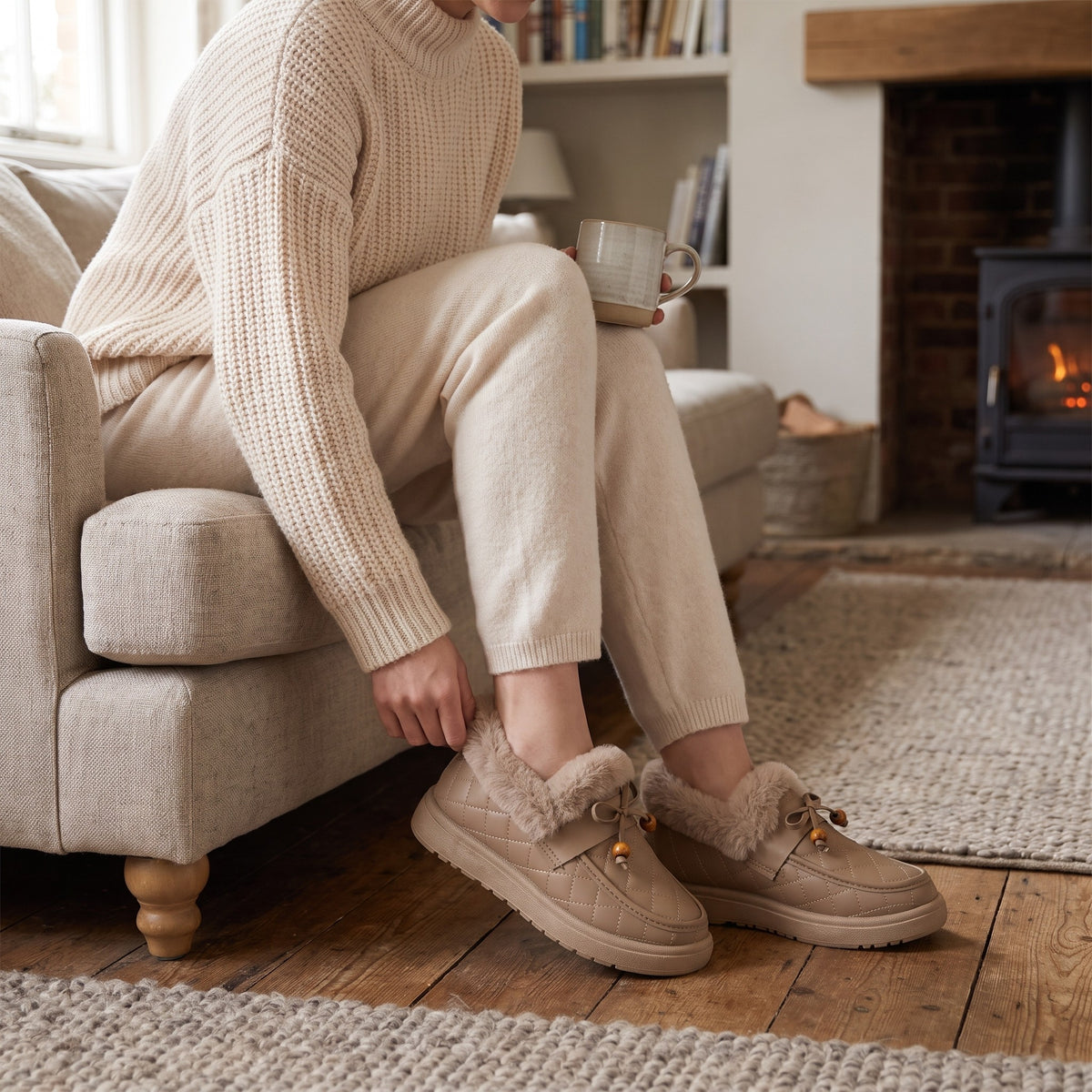 Woman putting on taupe quilted moccasin slippers in a living room