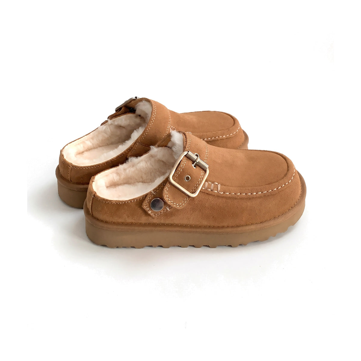 Chestnut suede clog slippers with silver buckle strap and cream wool lining