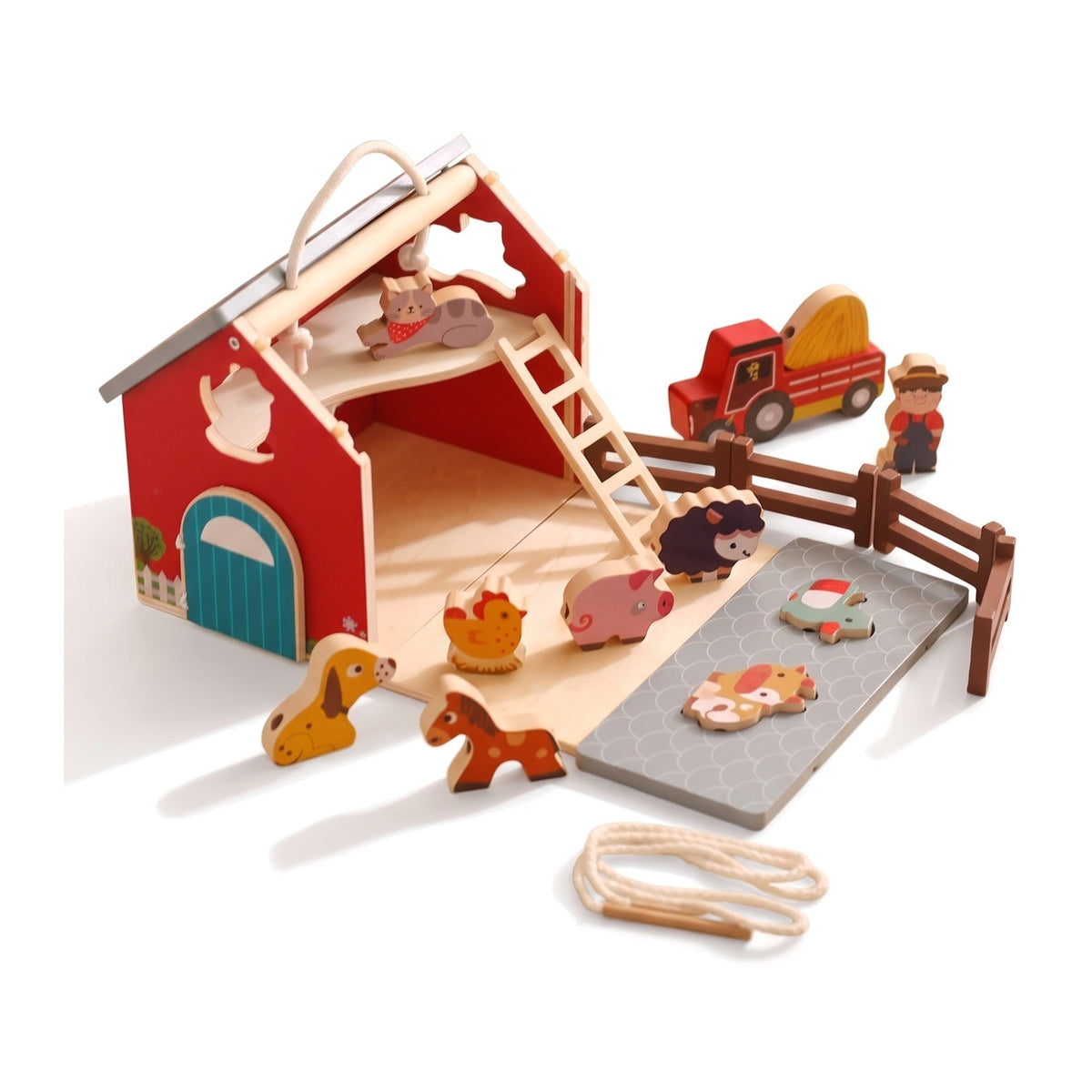 Opened two storey wooden barn with ladder, cat upstairs and animals on the grey ramp