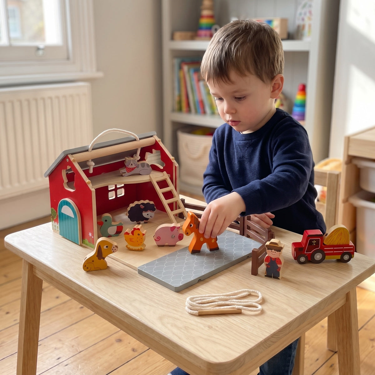 Little boy at a playroom table placing the wooden horse on the barn ramp