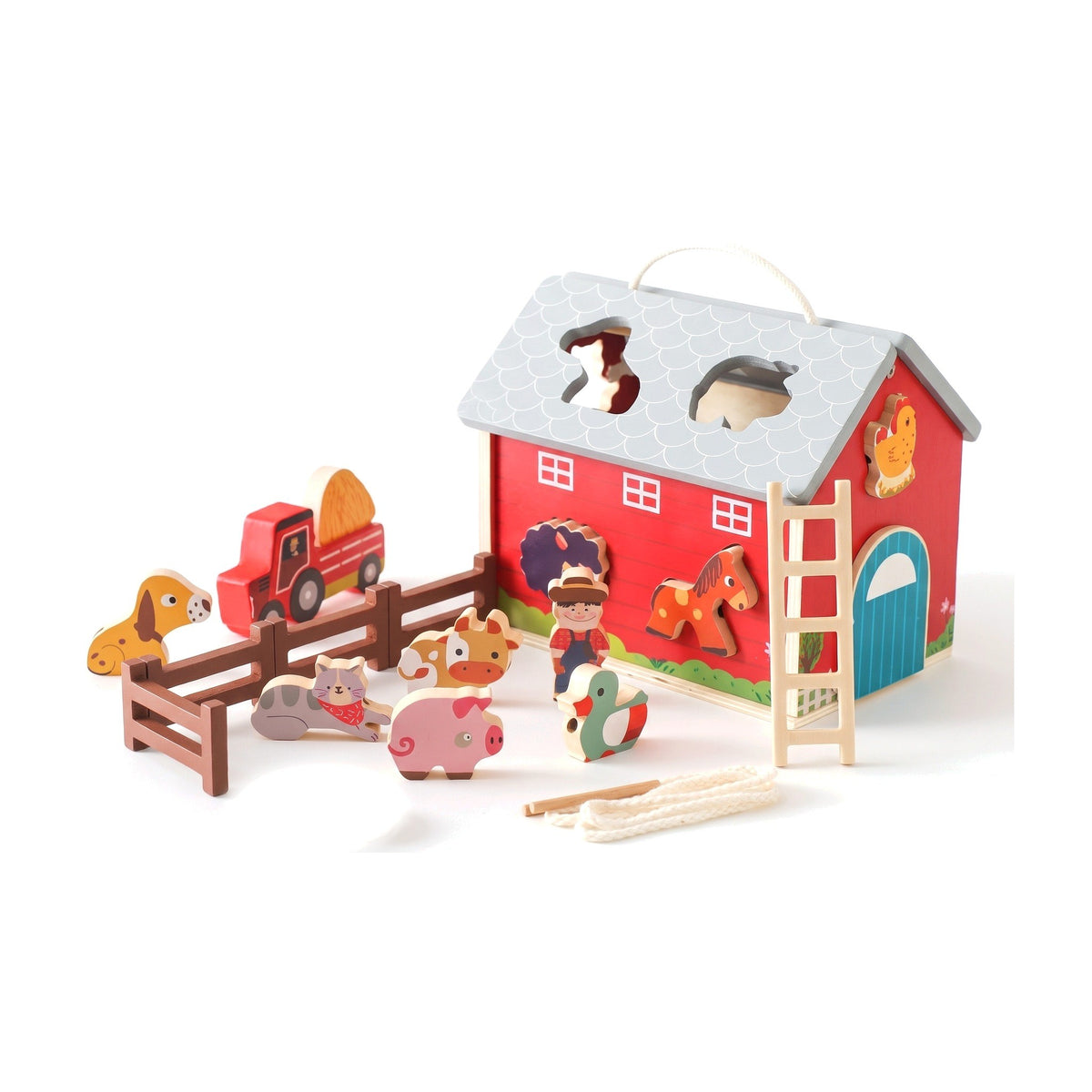 Wooden red barn shape sorter with grey roof, tractor, fence and farm animal figures