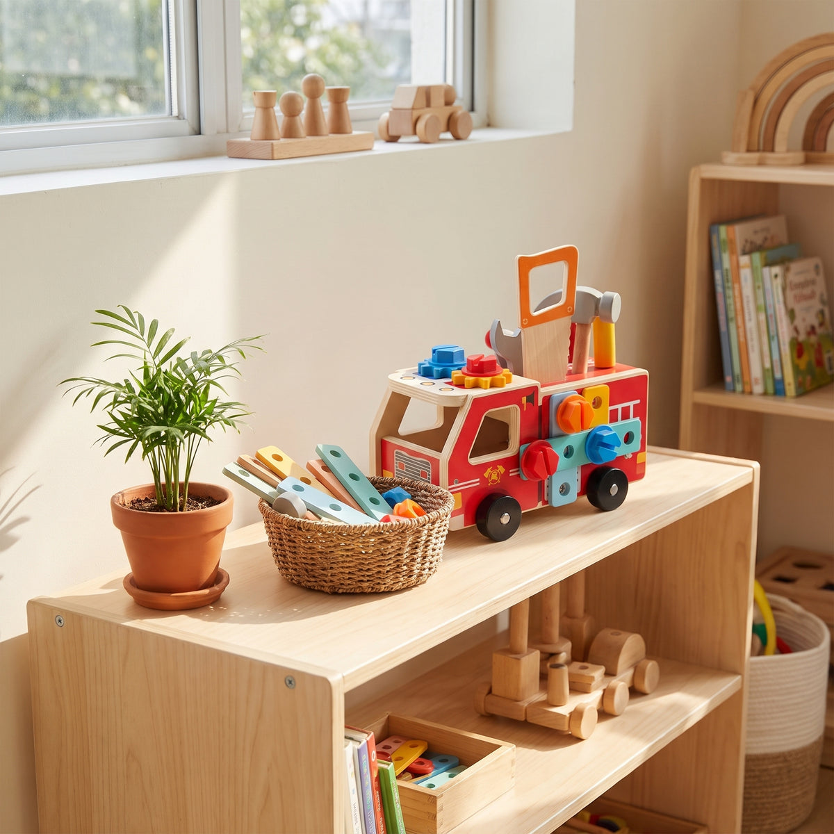 Wooden fire truck tool set on a Montessori shelf in a bright playroom